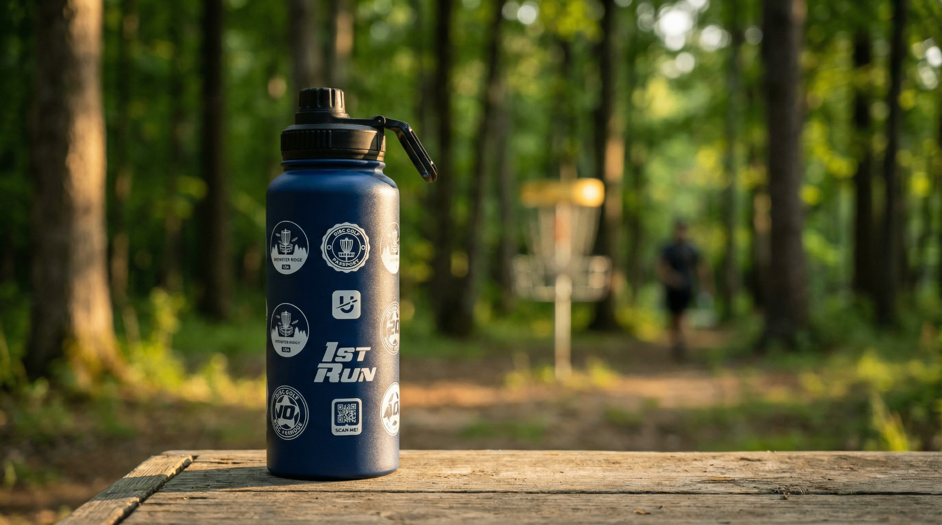 Discgolf Passport Bottle – navy metal bottle with disc golf course stickers on a wooden bench at a disc golf course